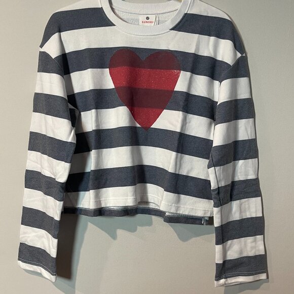 Sundry Cream & Navy Striped Cropped Shirt w/ Heart Motif - NWT - Picture 1 of 6